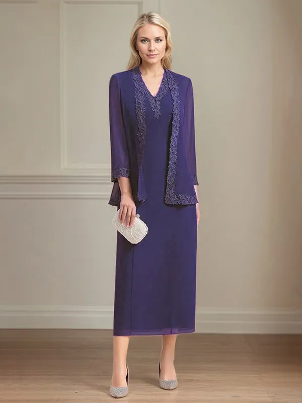 Etui/Column Chiffon V-Ausschnitt 3/4 Ärmel Tea-Length Kleid für die Mutter der Braut