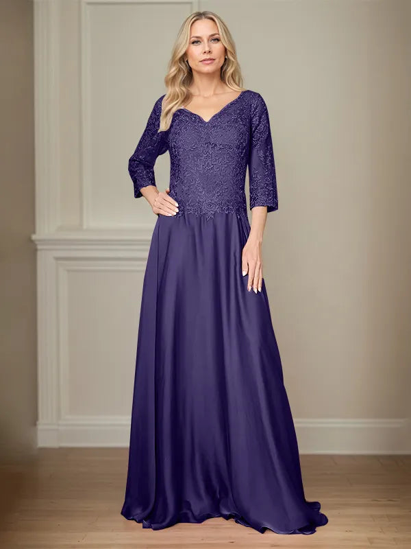 A Line Chiffon V Neck 3/4 Sleeves Floor-Length Mother Of The Bride Dress With Appliques