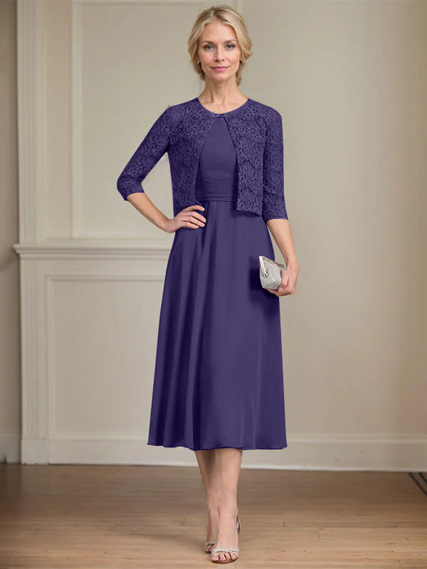 A-Linien Rundhals Tee-Länge Chiffon Kleid für die Mutter der Braut mit Falten