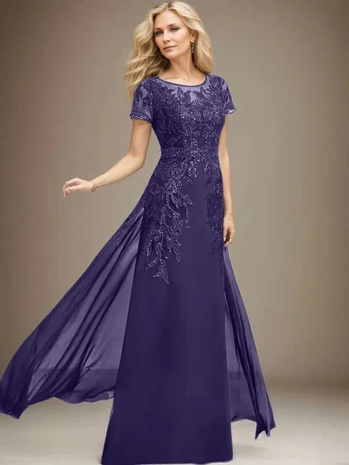 Etui/Säulen Rundhals Illusionsbodenlanges Spitzen-Chiffonkleid für die Brautmutter mit Pailletten