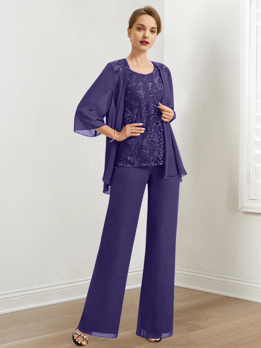 Chiffon Hosenanzüge für die Brautmutter mit Pailletten und Jacke