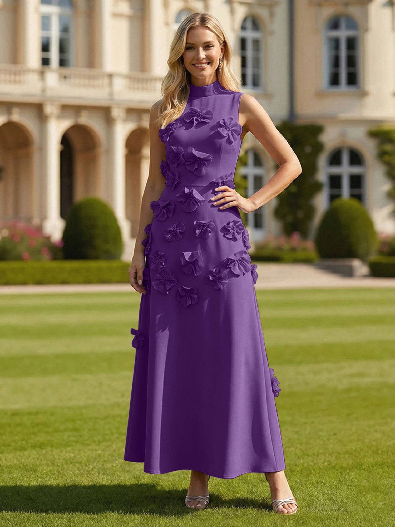 A Line High Neck Sleeveless Floor Length Stretch Crepe Dress With 3D Flowers