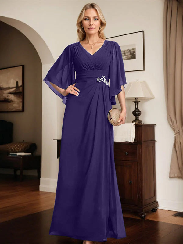 Etuikleid/Säule V-Ausschnitt bodenlanges Chiffon Mutter-der-Braut-Kleid mit plissierten Pailletten und Perlen