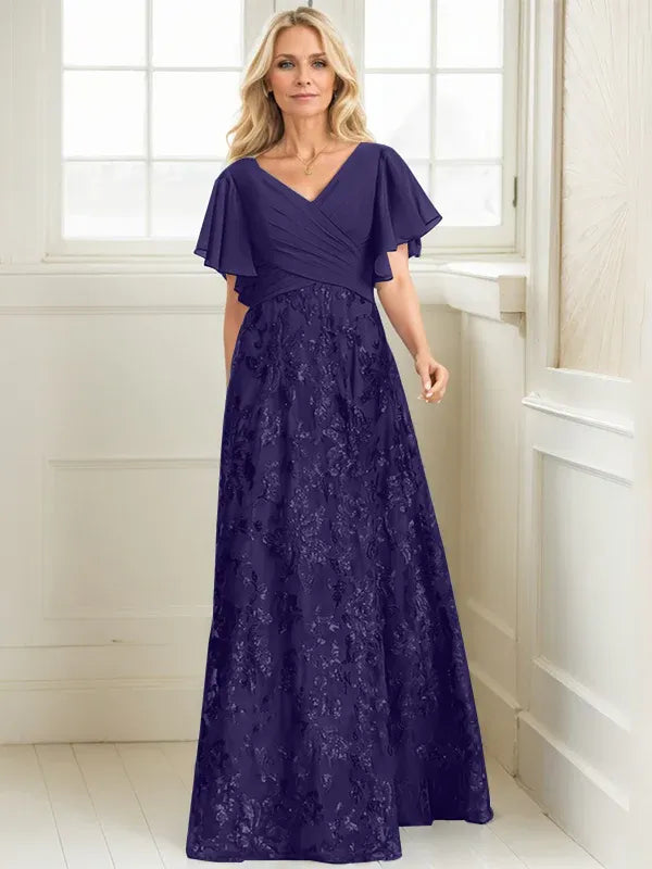 Vestido de madre de la novia en línea A con escote en V, largo hasta el suelo, encaje, lentejuelas y gasa plisada