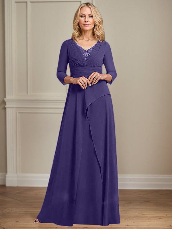 A-Linien Chiffon-Mutter-der-Braut-Kleid mit V-Ausschnitt, bodenlang, plissierte Perlenverzierung