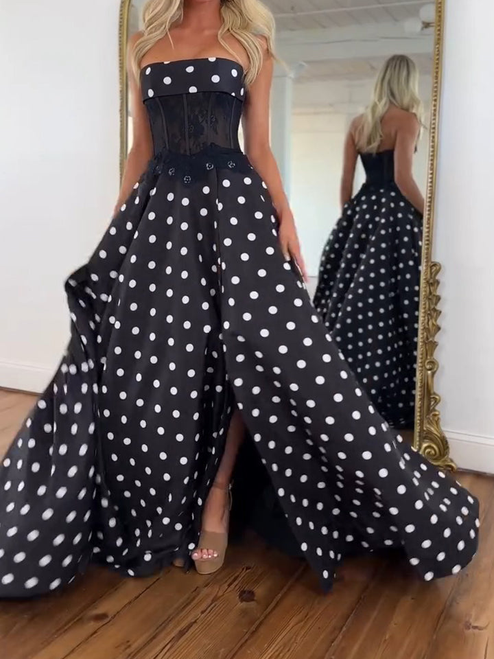 Vestido de Baile Retrô-Chique Preto e Branco com Poás, Tomara que Caia e Corpete