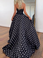 Vestido de Baile Retrô-Chique Preto e Branco com Poás, Tomara que Caia e Corpete