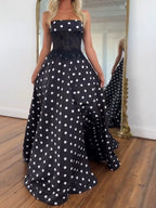 Vestido de Baile Retrô-Chique Preto e Branco com Poás, Tomara que Caia e Corpete