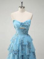 Romantic Pink Floral Tiered Prom Dress with Cut-Out Detail