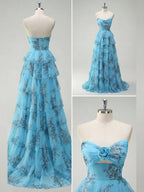 Romantic Pink Floral Tiered Prom Dress with Cut-Out Detail