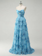 Romantic Pink Floral Tiered Prom Dress with Cut-Out Detail