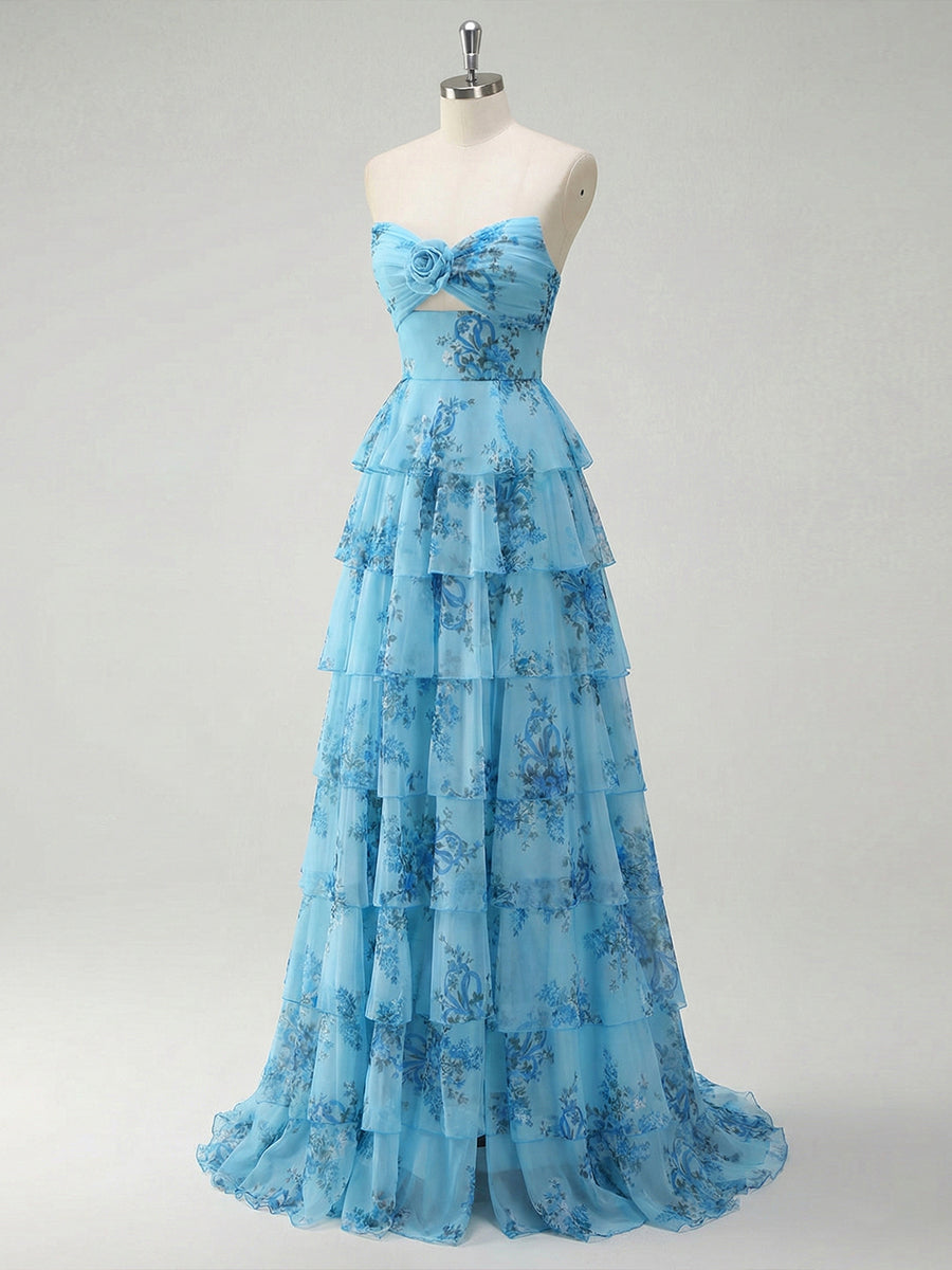 Romantic Pink Floral Tiered Prom Dress with Cut-Out Detail