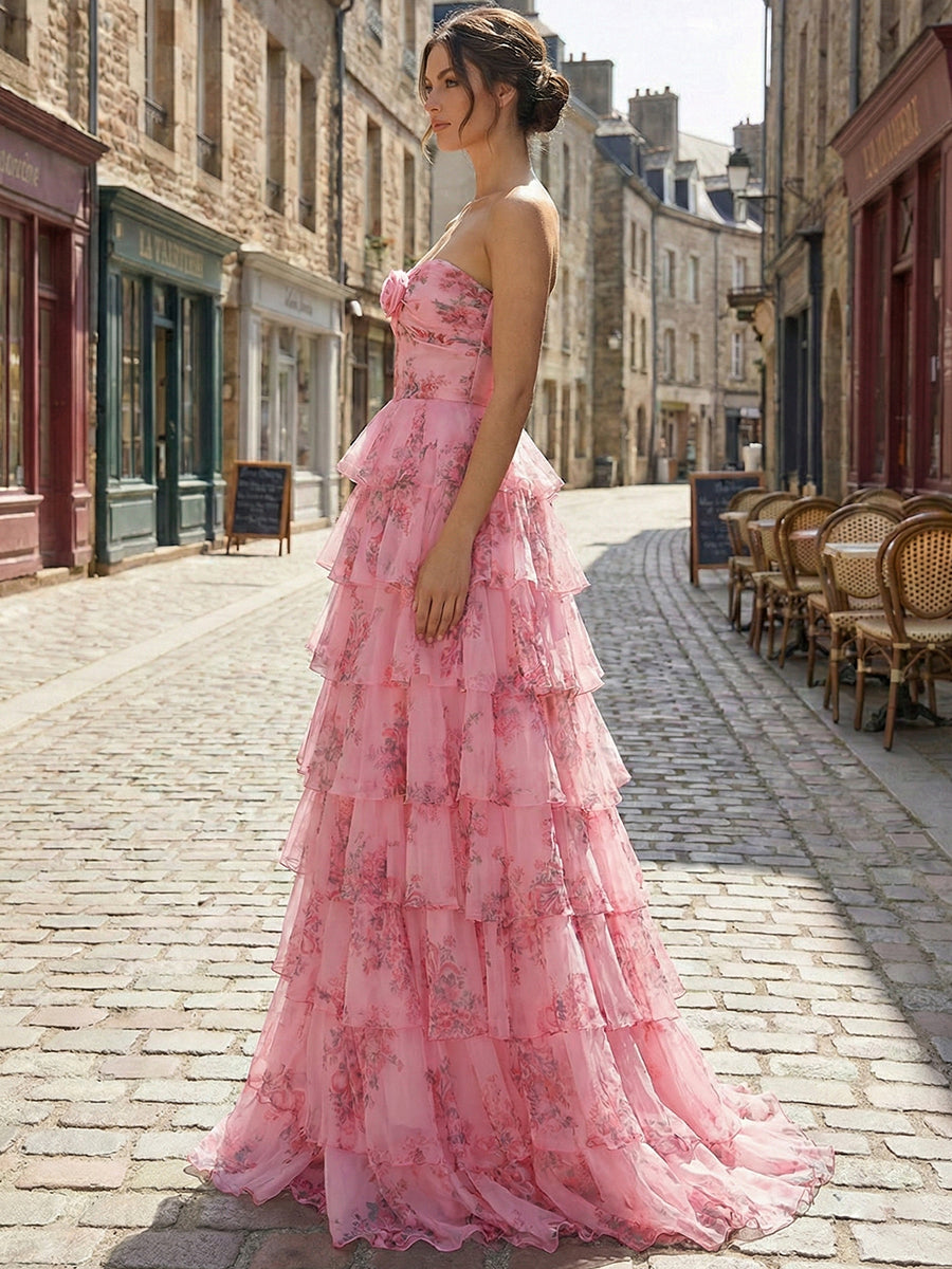 Romantic Blue Floral Tiered Prom Dress with Cut-Out Detail