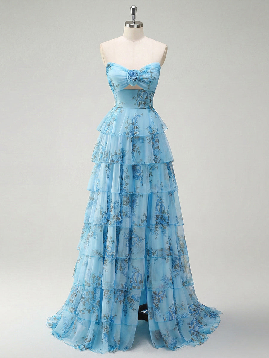 Romantic Pink Floral Tiered Prom Dress with Cut-Out Detail