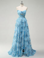 Romantic Pink Floral Tiered Prom Dress with Cut-Out Detail