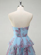 Romantic Pink Floral Tiered Prom Dress with Cut-Out Detail