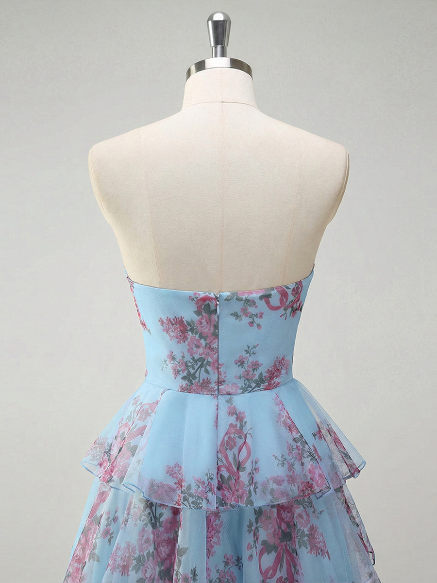 Romantic Pink Floral Tiered Prom Dress with Cut-Out Detail