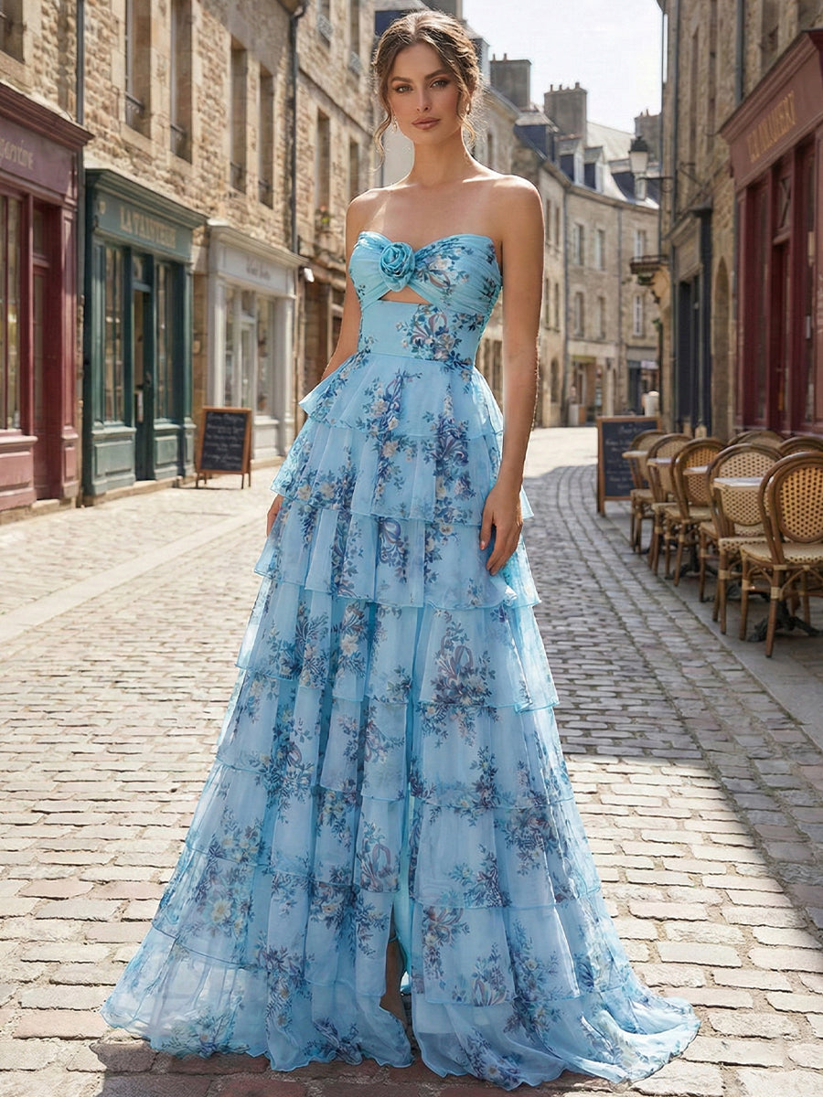 Romantic Pink Floral Tiered Prom Dress with Cut-Out Detail