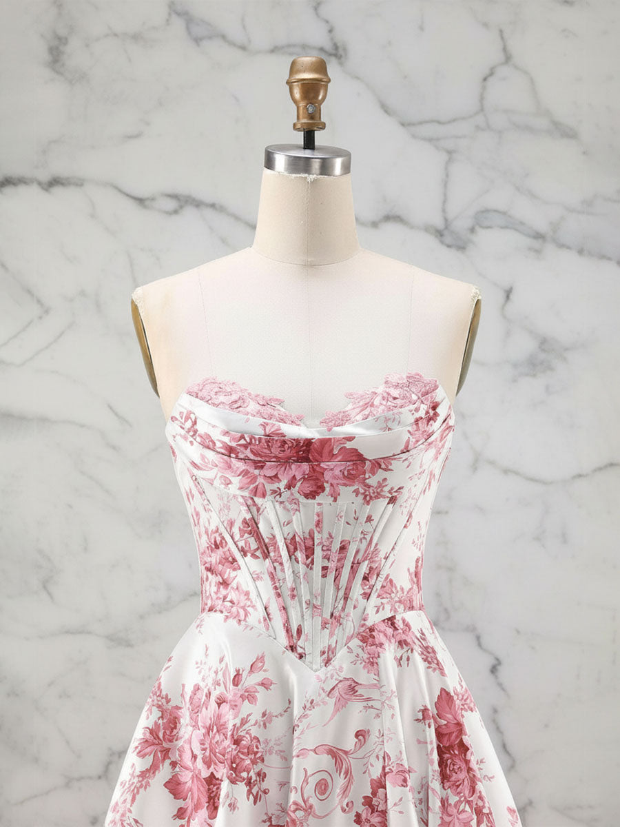Abito da ballo romantico rosa senza spalline con corsetto e stampa Toile, linea A