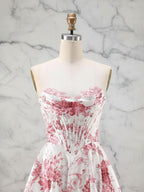 Abito da ballo romantico rosa senza spalline con corsetto e stampa Toile, linea A