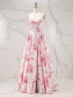 Abito da ballo romantico rosa senza spalline con corsetto e stampa Toile, linea A