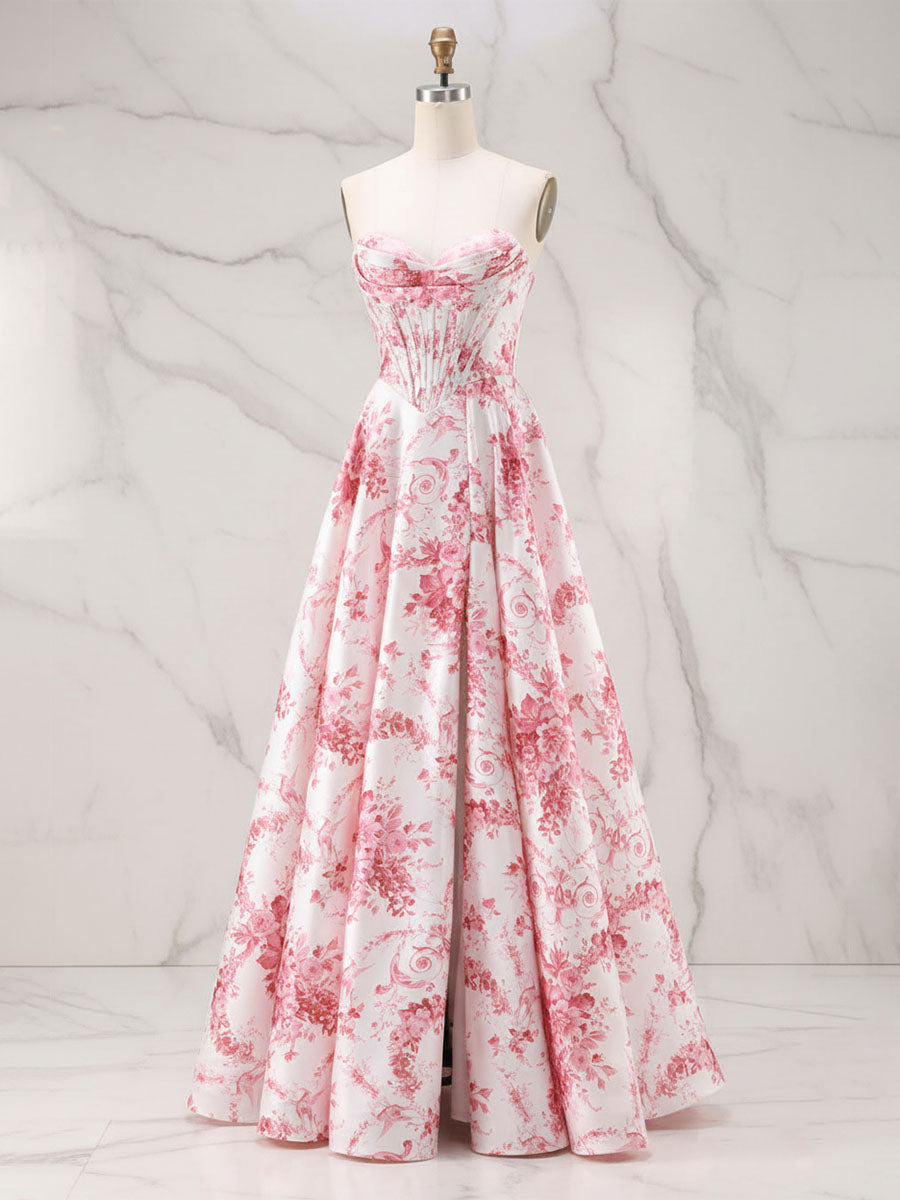 Abito da ballo romantico rosa senza spalline con corsetto e stampa Toile, linea A