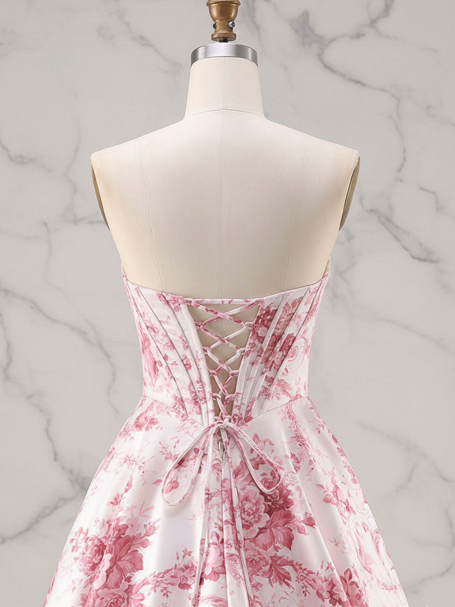 Abito da ballo romantico rosa senza spalline con corsetto e stampa Toile, linea A