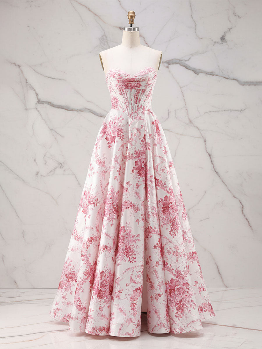 Abito da ballo romantico rosa senza spalline con corsetto e stampa Toile, linea A
