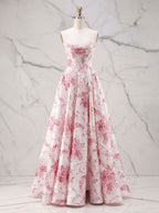Abito da ballo romantico rosa senza spalline con corsetto e stampa Toile, linea A