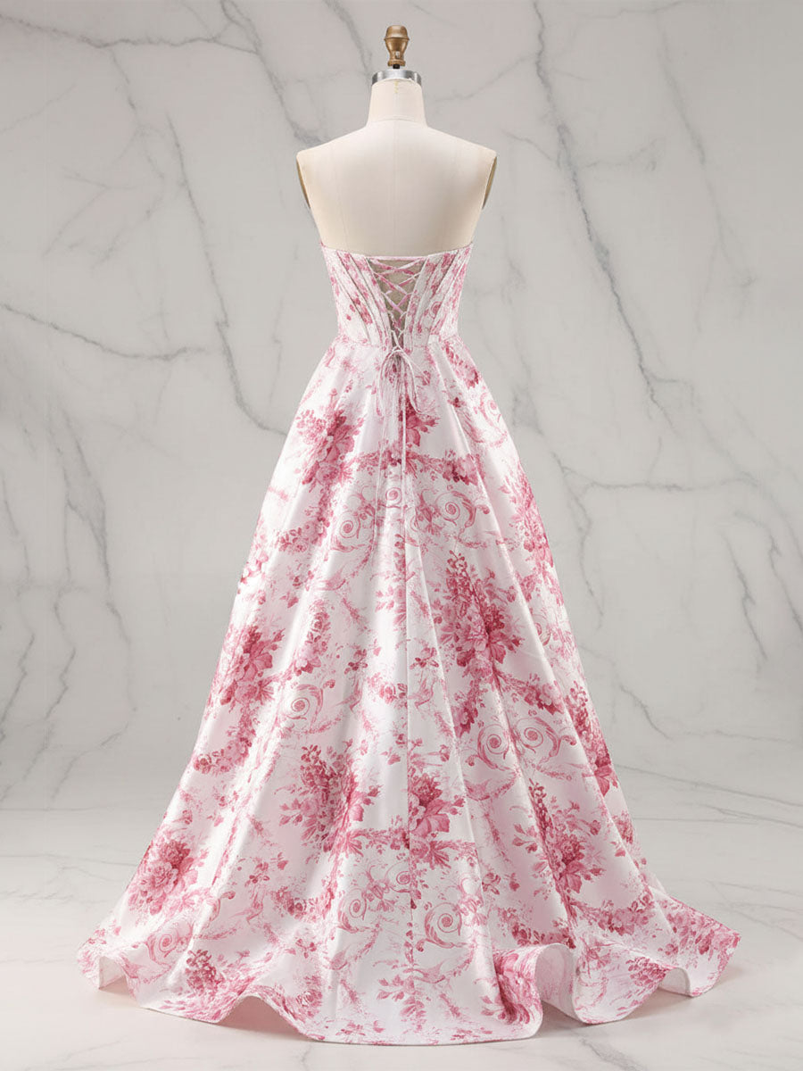 Abito da ballo romantico rosa senza spalline con corsetto e stampa Toile, linea A