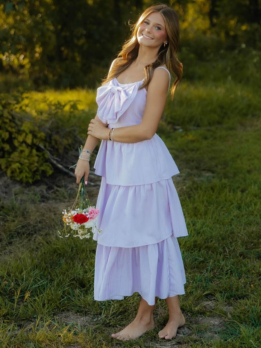 Abito da ballo lungo romantico a balze con dettaglio a fiocco