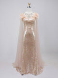 Rose Gold Tulle Cape Sequin Prom Dress with Feather Shoulders