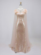 Rose Gold Tulle Cape Sequin Prom Dress with Feather Shoulders