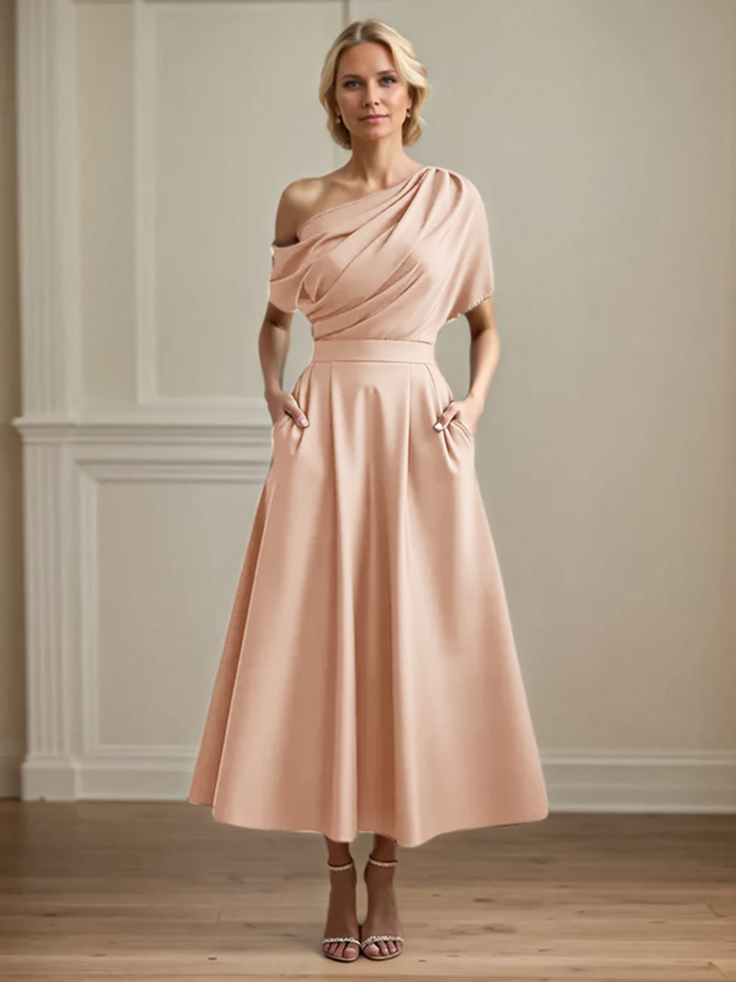 A Line Satin One Shoulder Pleated Ankle Length Mother of the Bride Dress