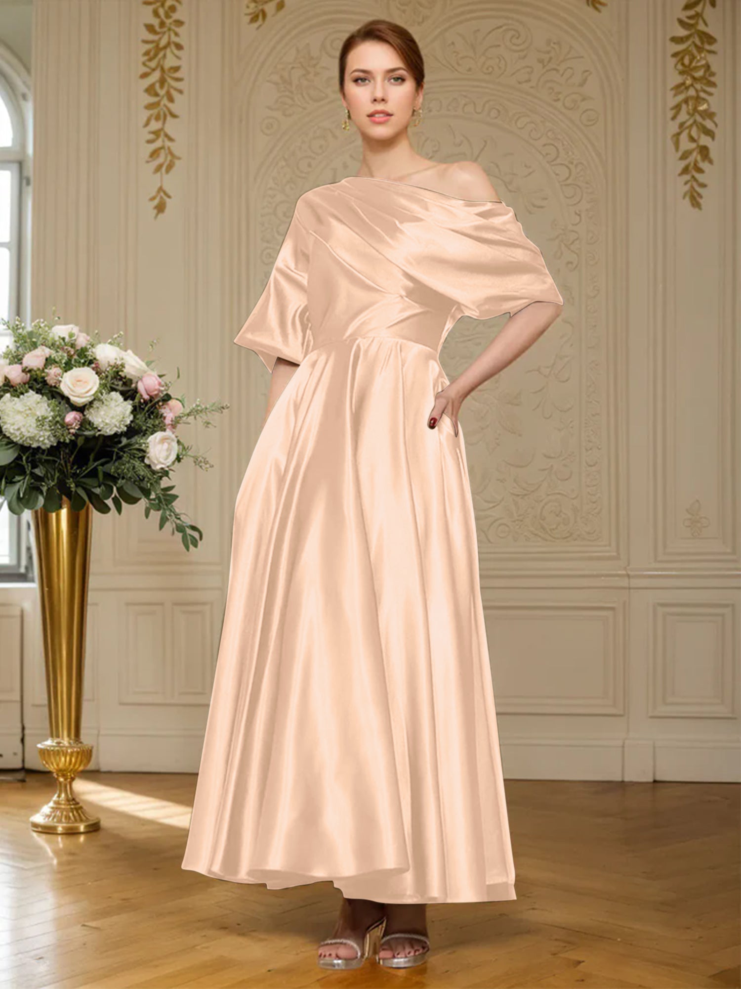A-Linien Kurzarm plissiertes knöchellanges seidenähnliches Satin Kleid für die Brautmutter