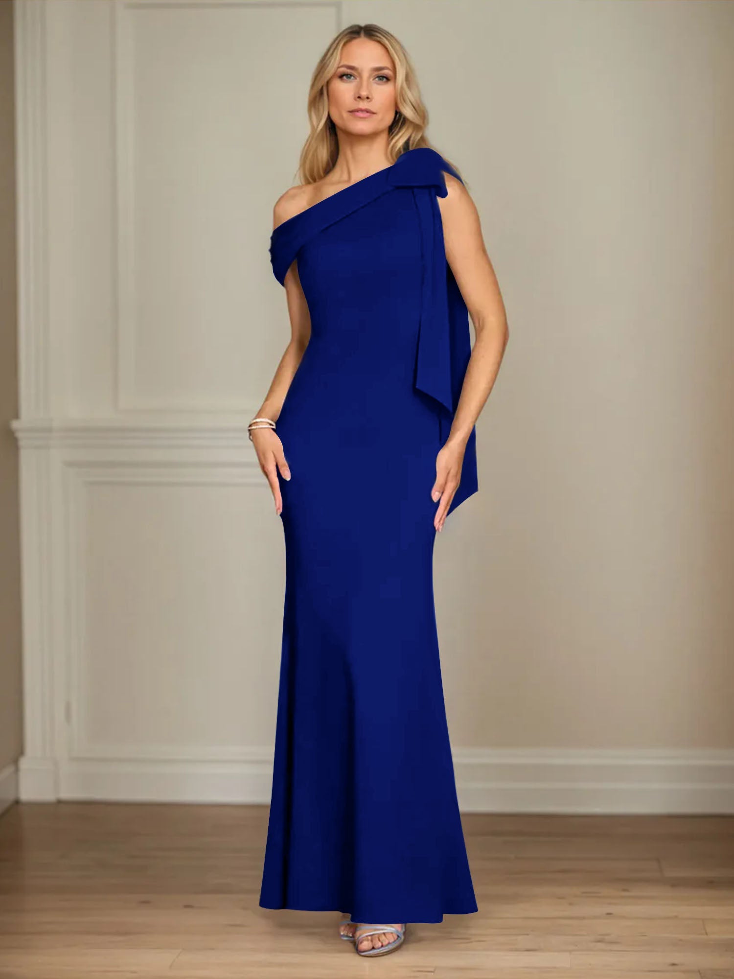 Trumpet/Mermaid Ein-Schulter Ärmelloses Stretch-Crêpe Kleid für die Brautmutter mit Schleife
