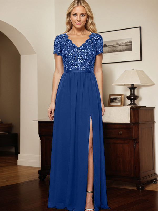 Vestido de mãe da noiva evasê com decote em V, chiffon, apliques e paetês, com fenda