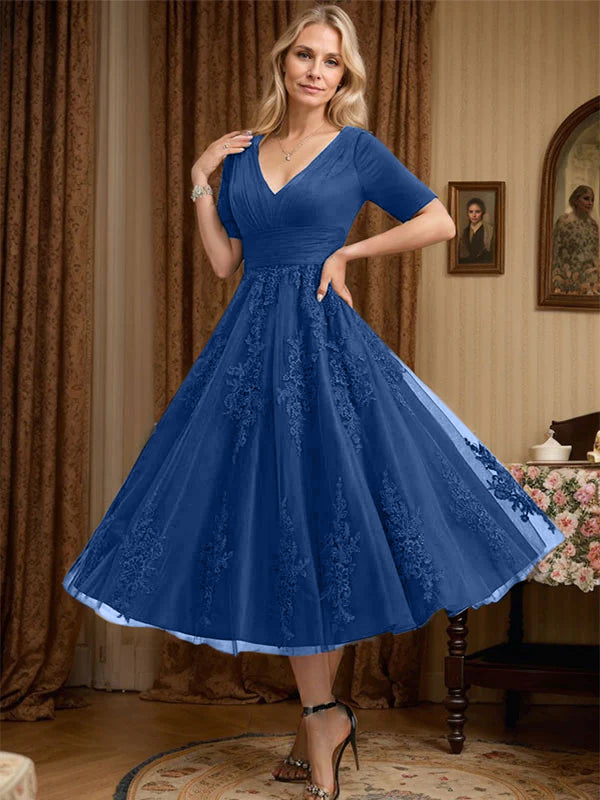 A-line V-Neck Tea-Length Tulle Lace Mother of the Bride Dress With Pleated
