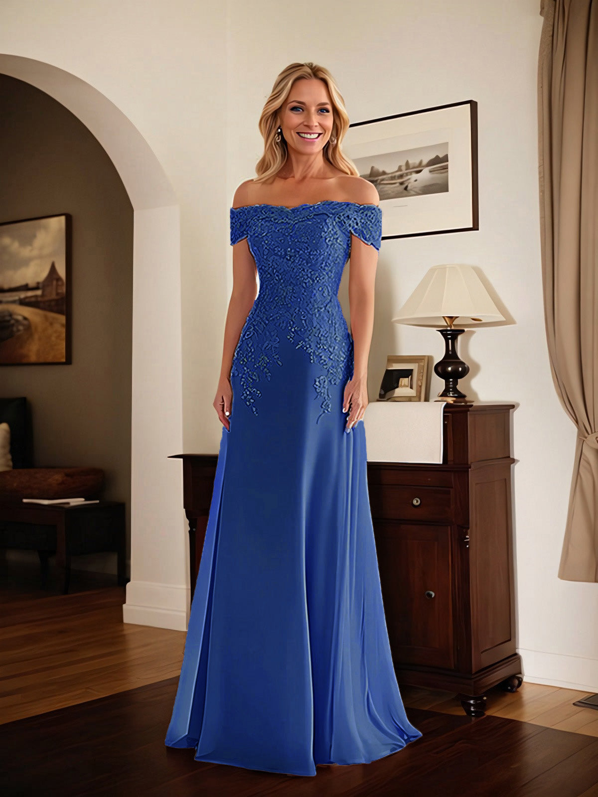 Elegantes taupefarbenes schulterfreies Etuikleid Mutter der Braut Kleid mit Spitze
