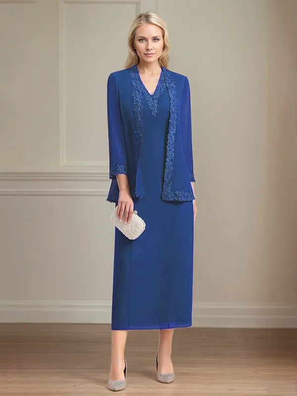 Etui/Column Chiffon V-Ausschnitt 3/4 Ärmel Tea-Length Kleid für die Mutter der Braut