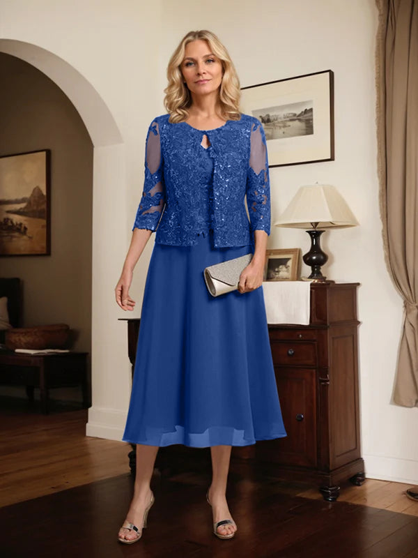 A-Linien Spitzen-Chiffon-Brautmutterkleid mit V-Ausschnitt, tea-length, mit Pailletten