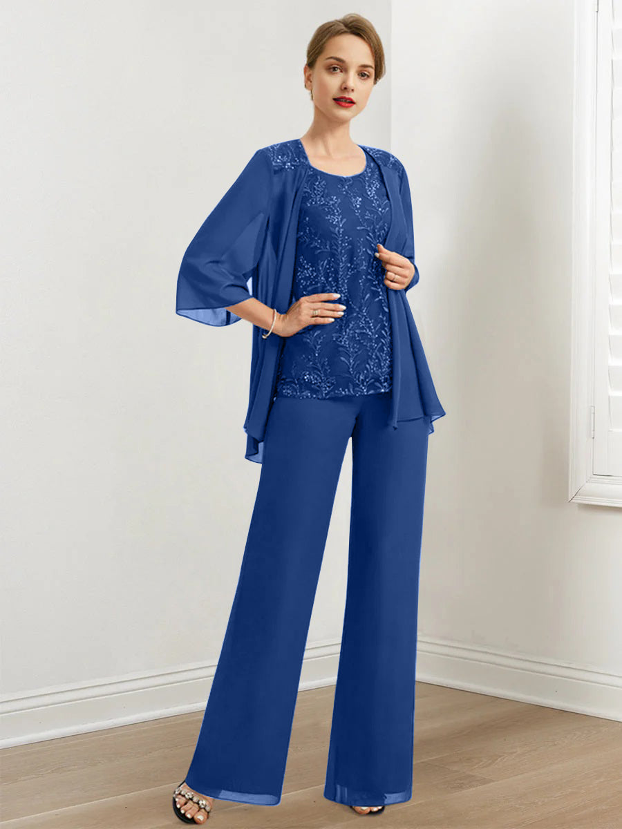 Chiffon Hosenanzüge für die Brautmutter mit Pailletten und Jacke