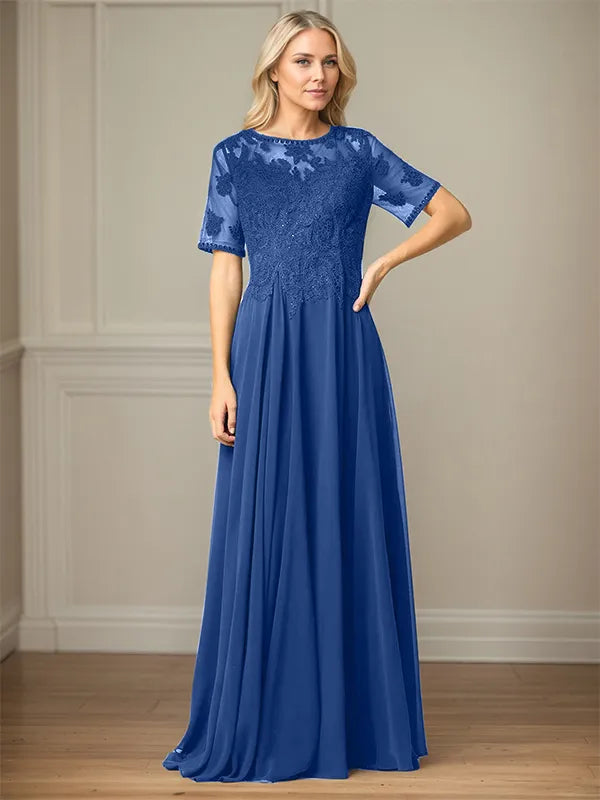A Line Chiffon Scoop Neck Short Sleeves Floor Length Mother of the Bride Dresses