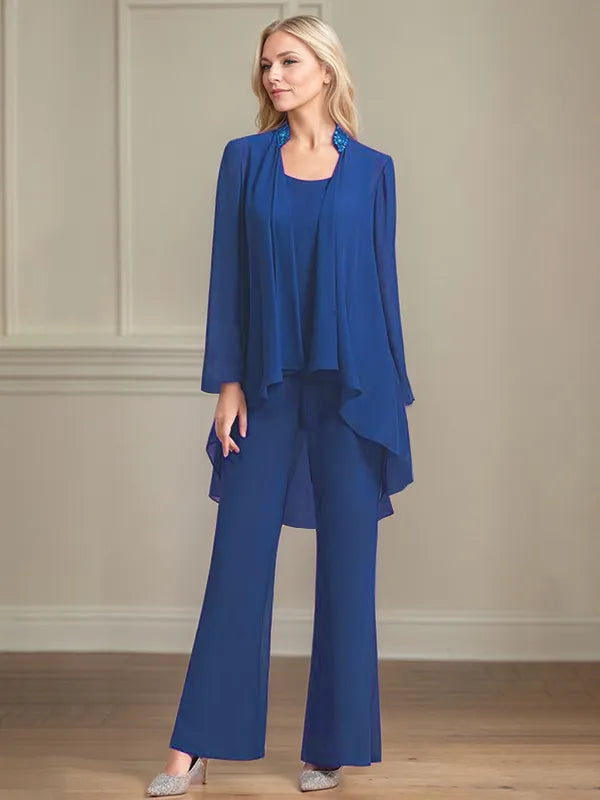 Chiffon Kleid mit Rundhalsausschnitt, langen Ärmeln, bodenlang, Hosenanzug für die Brautmutter