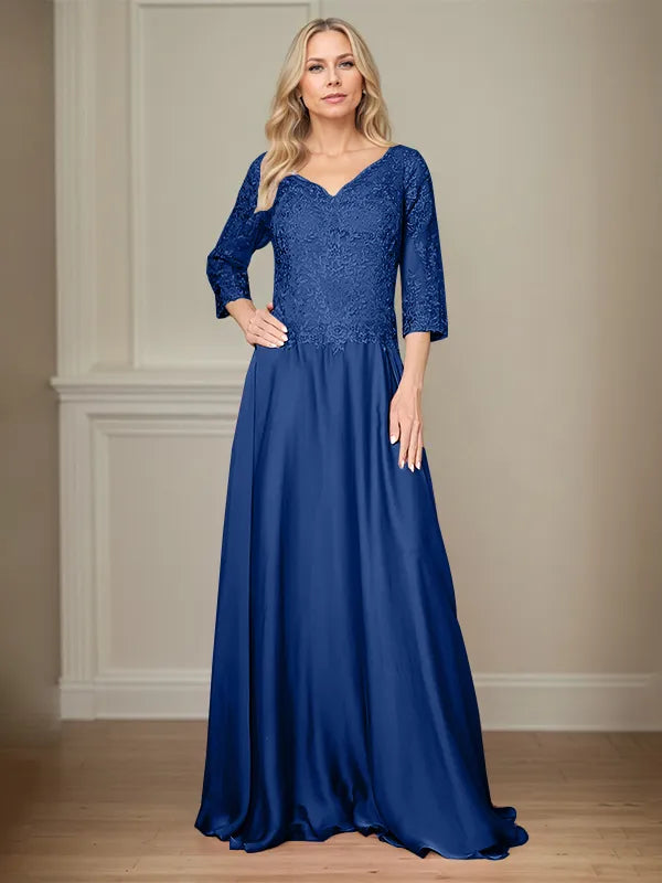 A Line Chiffon V Neck 3/4 Sleeves Floor-Length Mother Of The Bride Dress With Appliques