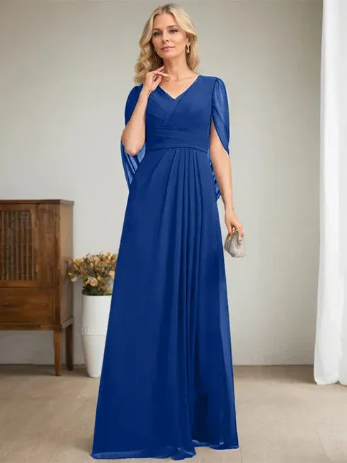Dunkelmarineblaues A-Linien V-Ausschnitt langes Kleid für die Mutter der Braut