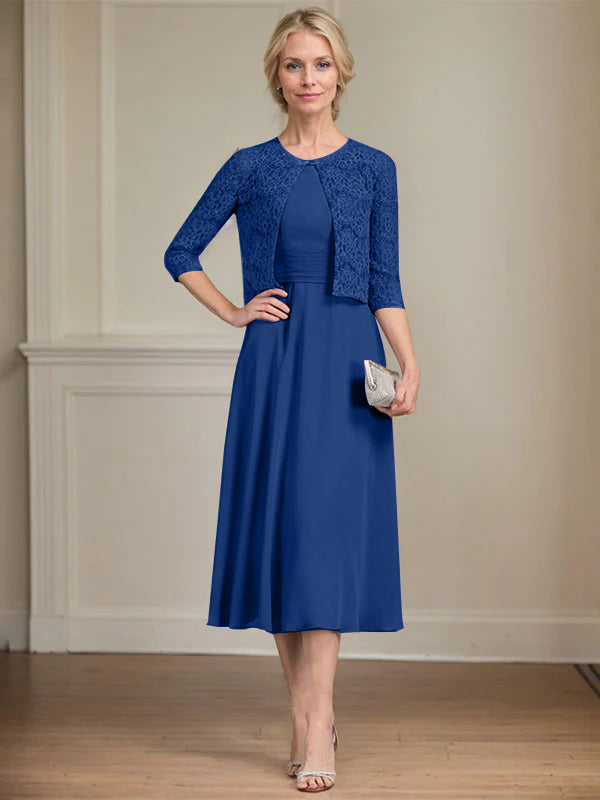 A-Linien Rundhals Tee-Länge Chiffon Kleid für die Mutter der Braut mit Falten
