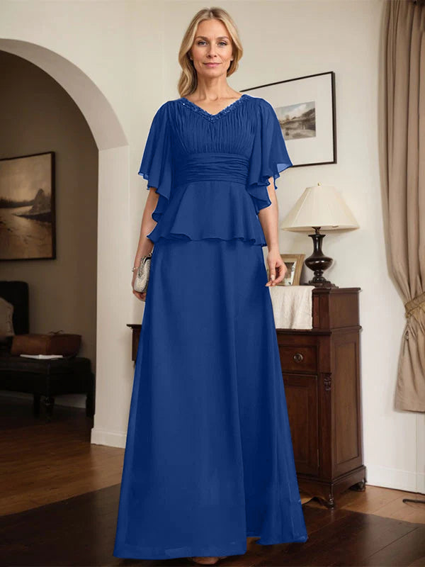 A-Linien Chiffon-Mutter-der-Braut-Kleid mit V-Ausschnitt, bodenlang, plissierte Perlenverzierung