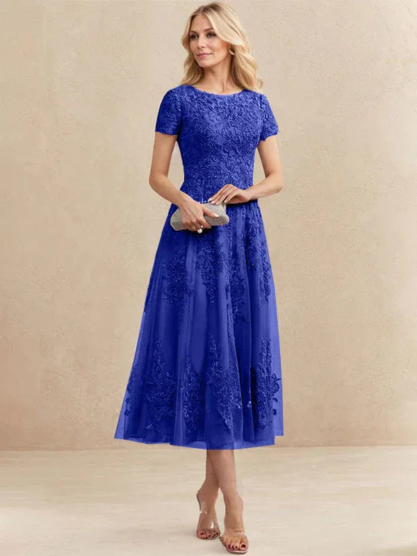 Robe de mère de la mariée A-line en tulle et dentelle, col arrondi, longueur thé