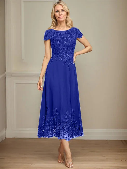 A-Linien Illusions Rundhals tea-langes Spitzenchiffon Mutter der Braut Kleid mit Pailletten